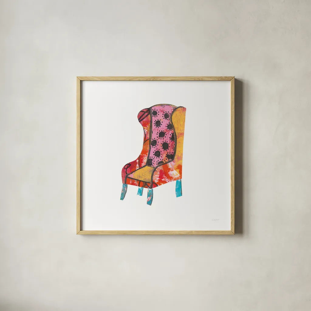 Mod Chairs IV by Courtney Prahl. Shown in a natural wood glass frame for a timeless modern aesthetic. Available as an archival giclee rolled canvas, fine art paper, or poster print. SKU 64272a.