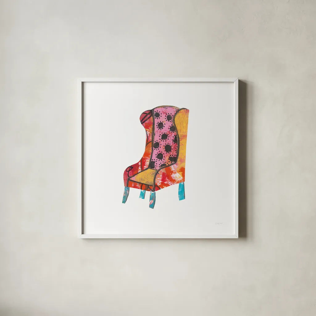 Mod Chairs IV by Courtney Prahl. Shown in a crisp white glass frame for a clean and minimalist style. Available as an archival giclee rolled canvas, fine art paper, or poster print. SKU 64272a.
