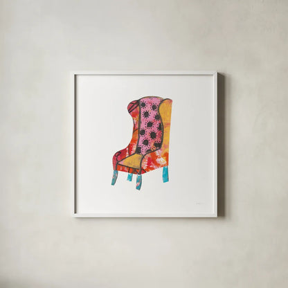 Mod Chairs IV by Courtney Prahl. Shown in a crisp white glass frame for a clean and minimalist style. Available as an archival giclee rolled canvas, fine art paper, or poster print. SKU 64272a.