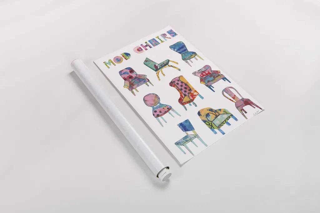 Mod Chairs Nine Up by Courtney Prahl. shown as a rolled paper print. Available as archival giclee rolled canvas, fine art paper, or poster print. SKU 71105h.