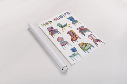 Mod Chairs Nine Up by Courtney Prahl. shown as a rolled paper print. Available as archival giclee rolled canvas, fine art paper, or poster print. SKU 71105h.