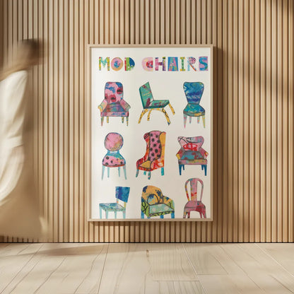 Mod Chairs Nine Up by Courtney Prahl. shown as over sized large wall art. Available as an archival giclee rolled canvas, fine art paper, or poster print. SKU 71105h.