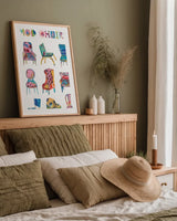 Mod Chairs Nine Up by Courtney Prahl. shown as a paper print in a natural frame. Available as a archival giclee rolled canvas, fine art paper, or poster print. SKU 71105h.