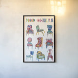 Mod Chairs Nine Up by Courtney Prahl. shown as a paper print in a black flame. Available as a archival giclee rolled canvas, fine art paper, or poster print. SKU 71105h.