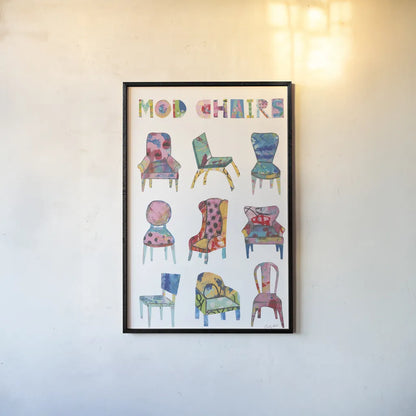 Mod Chairs Nine Up by Courtney Prahl. shown as a paper print in a black flame. Available as a archival giclee rolled canvas, fine art paper, or poster print. SKU 71105h.