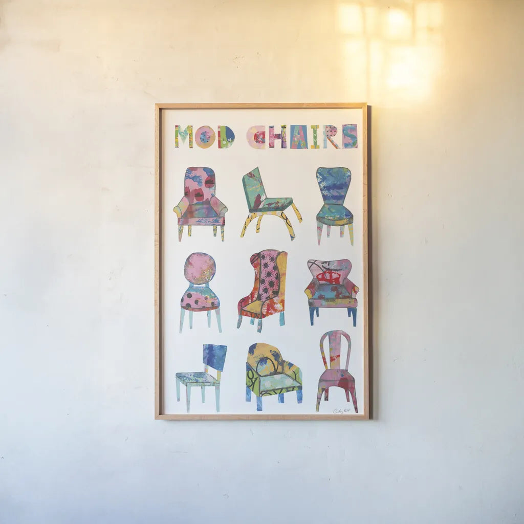 Mod Chairs Nine Up by Courtney Prahl. shown as a paper print in a natural frame. Available as a archival giclee rolled canvas, fine art paper, or poster print. SKU 71105h.