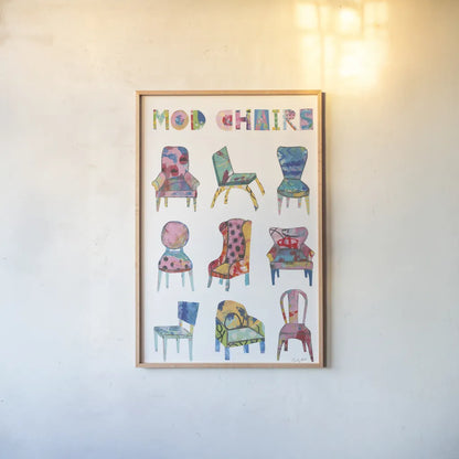 Mod Chairs Nine Up by Courtney Prahl. shown as a paper print in a natural frame. Available as a archival giclee rolled canvas, fine art paper, or poster print. SKU 71105h.