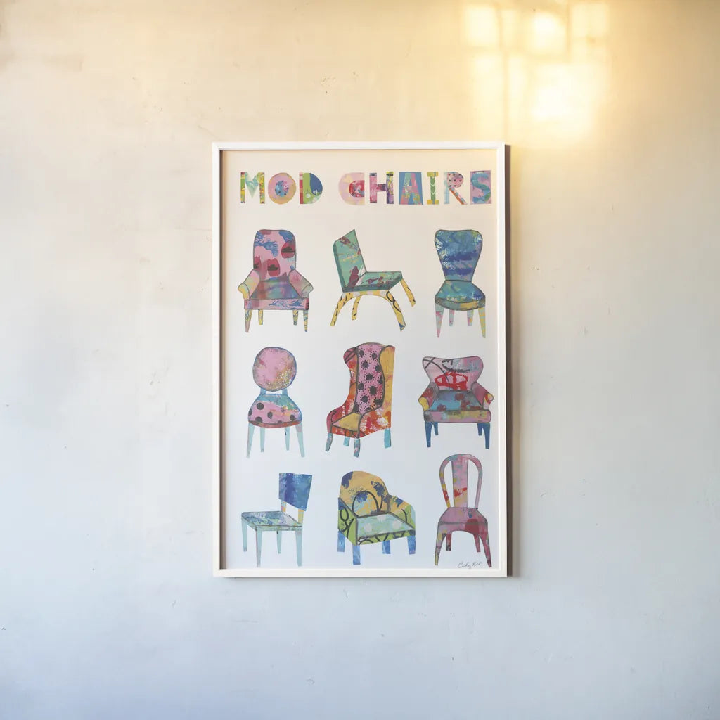 Mod Chairs Nine Up by Courtney Prahl. shown as a paper print in a white frame. Available as a archival giclee rolled canvas, fine art paper, or poster print. SKU 71105h.