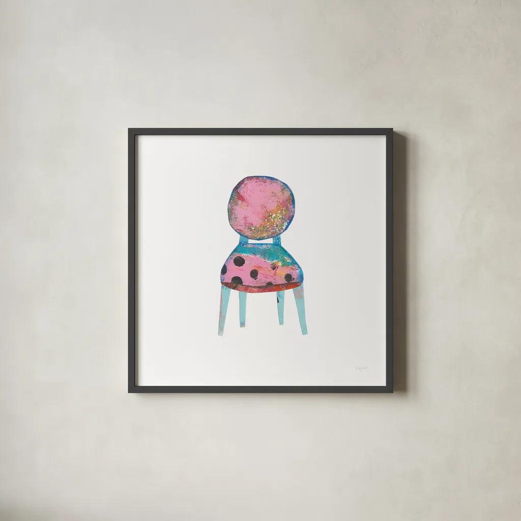 Mod Chairs V by Courtney Prahl. Shown in a sleek black glass frame for a contemporary gallery look. Available as an archival giclee rolled canvas, fine art paper, or poster print. SKU 64273a.
