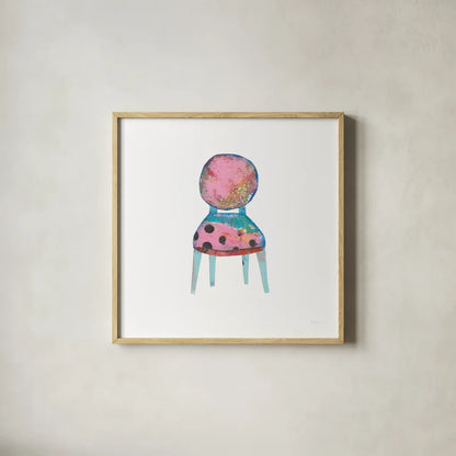 Mod Chairs V by Courtney Prahl. Shown in a natural wood glass frame for a timeless modern aesthetic. Available as an archival giclee rolled canvas, fine art paper, or poster print. SKU 64273a.