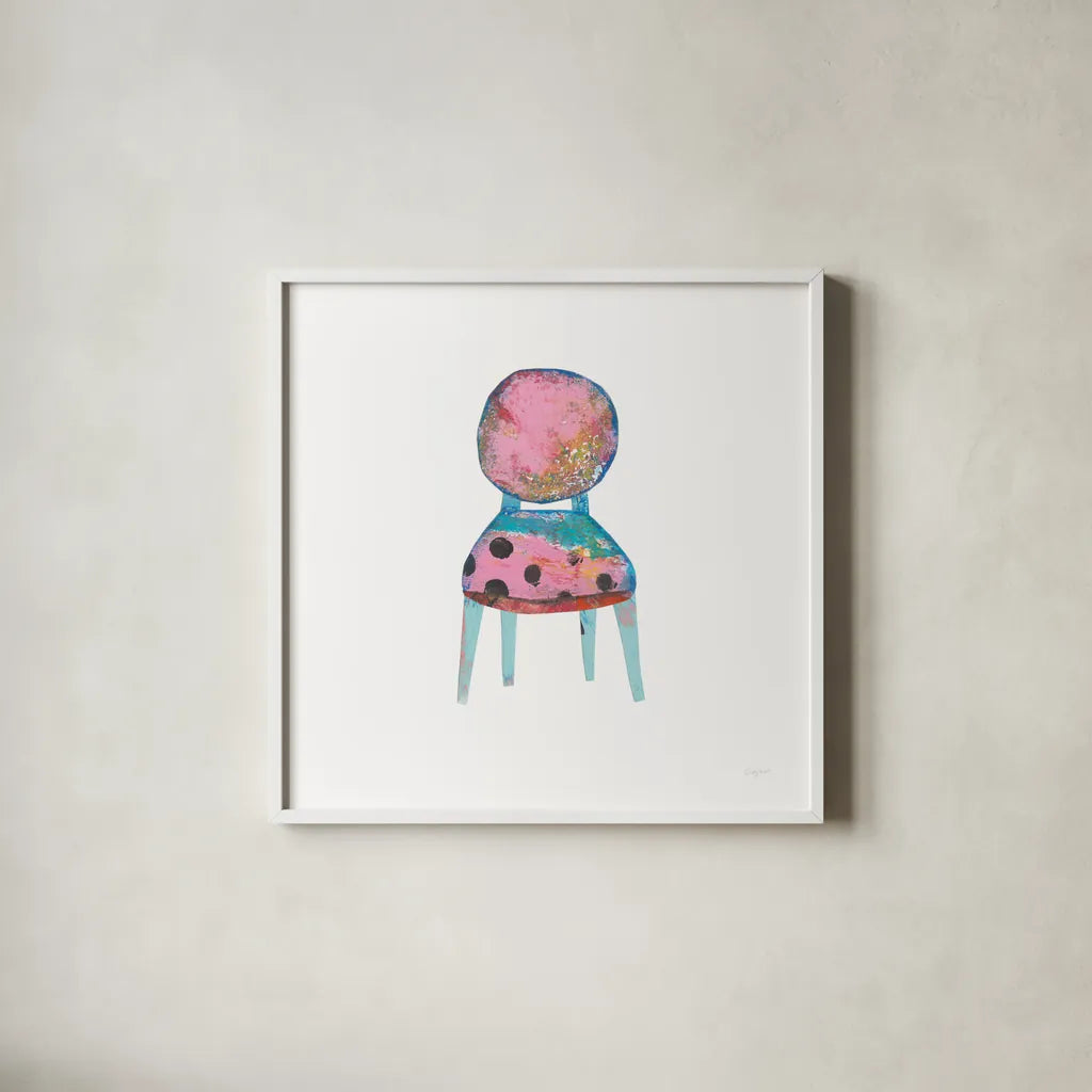 Mod Chairs V by Courtney Prahl. Shown in a crisp white glass frame for a clean and minimalist style. Available as an archival giclee rolled canvas, fine art paper, or poster print. SKU 64273a.