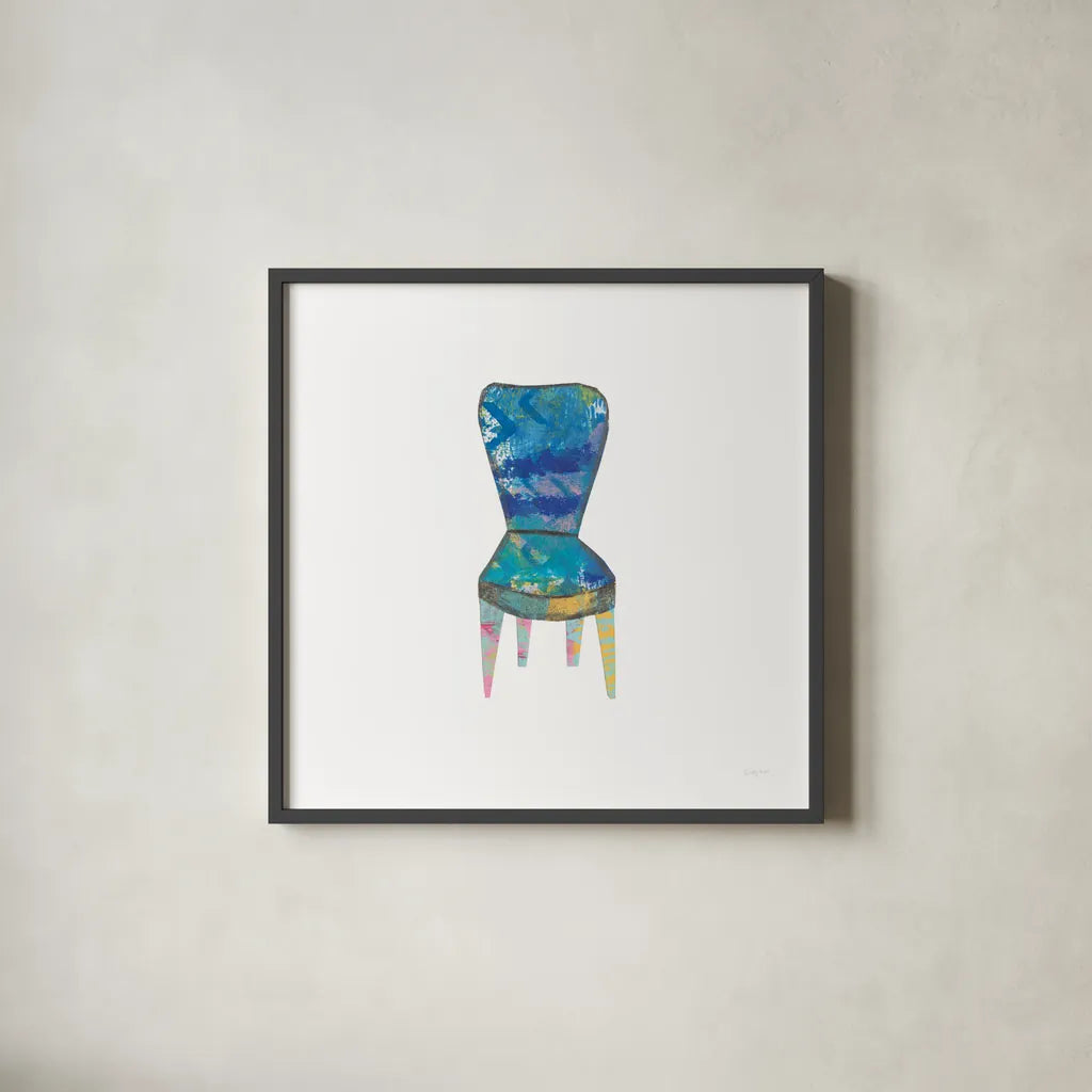 Mod Chairs VI by Courtney Prahl. Shown in a sleek black glass frame for a contemporary gallery look. Available as an archival giclee rolled canvas, fine art paper, or poster print. SKU 64274a.