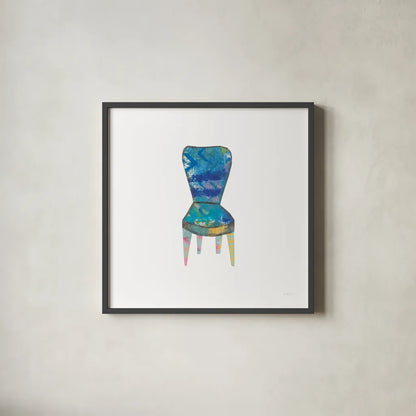 Mod Chairs VI by Courtney Prahl. Shown in a sleek black glass frame for a contemporary gallery look. Available as an archival giclee rolled canvas, fine art paper, or poster print. SKU 64274a.