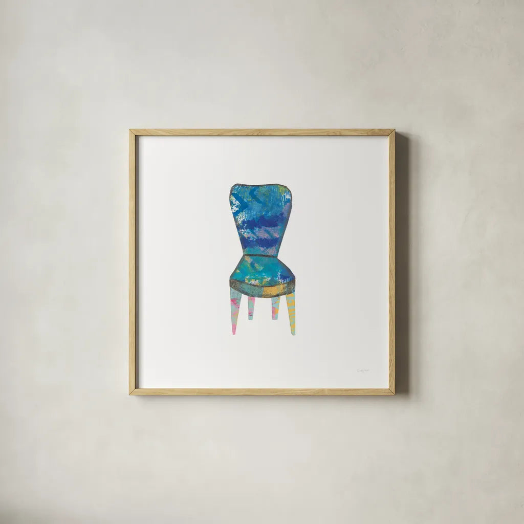 Mod Chairs VI by Courtney Prahl. Shown in a natural wood glass frame for a timeless modern aesthetic. Available as an archival giclee rolled canvas, fine art paper, or poster print. SKU 64274a.