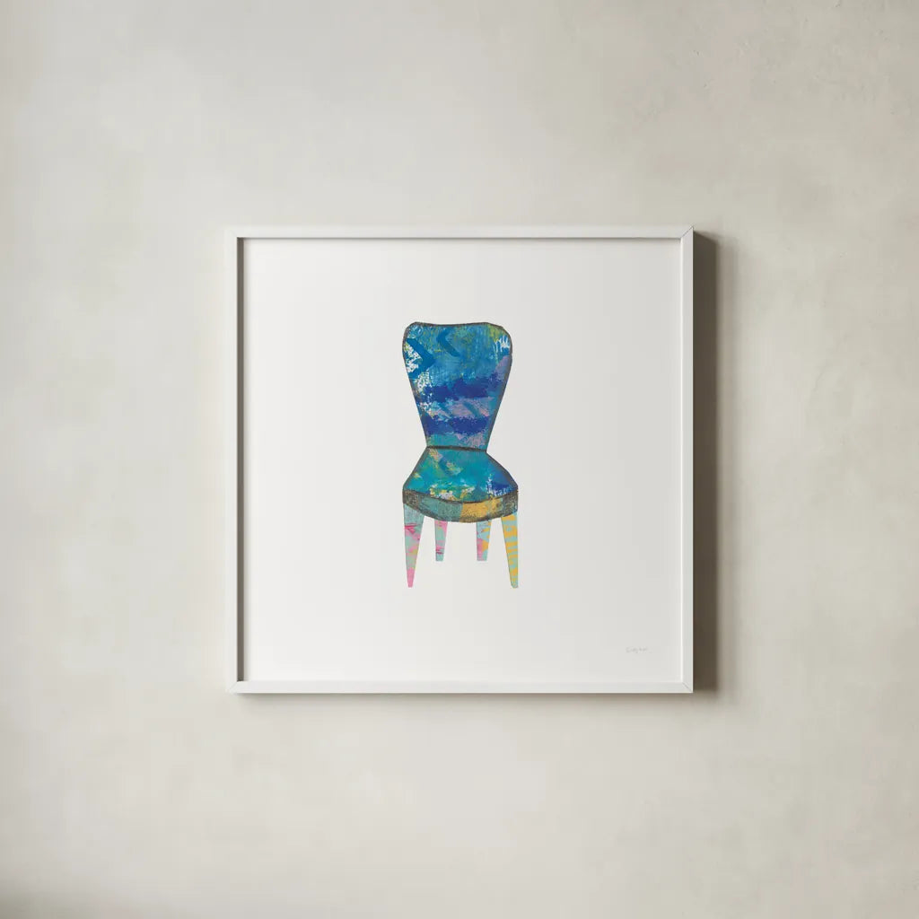 Mod Chairs VI by Courtney Prahl. Shown in a crisp white glass frame for a clean and minimalist style. Available as an archival giclee rolled canvas, fine art paper, or poster print. SKU 64274a.