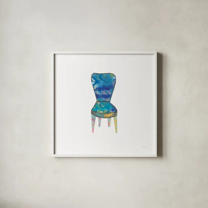 Mod Chairs VI by Courtney Prahl. Shown in a crisp white glass frame for a clean and minimalist style. Available as an archival giclee rolled canvas, fine art paper, or poster print. SKU 64274a.