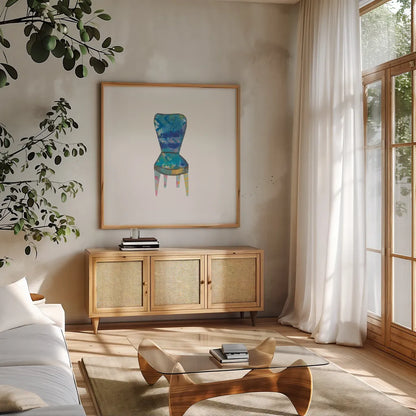 Mod Chairs VI by Courtney Prahl. Shown in a natural wood frame in a cozy modern living room. Available as an archival giclee rolled canvas, fine art paper, or poster print. SKU 64274a.