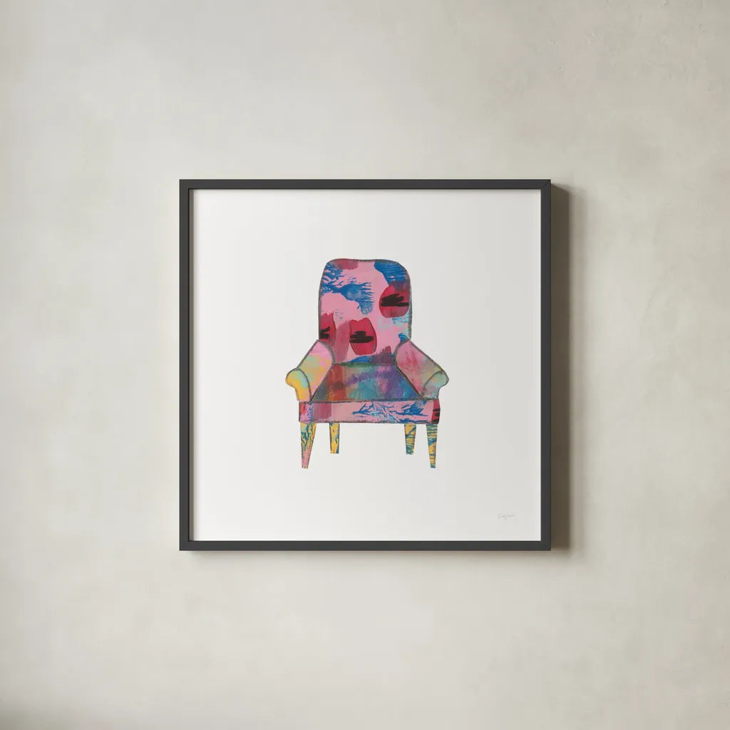 Mod Chairs VII by Courtney Prahl. Shown in a sleek black glass frame for a contemporary gallery look. Available as an archival giclee rolled canvas, fine art paper, or poster print. SKU 64275a.