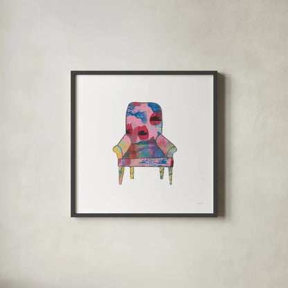 Mod Chairs VII by Courtney Prahl. Shown in a sleek black glass frame for a contemporary gallery look. Available as an archival giclee rolled canvas, fine art paper, or poster print. SKU 64275a.