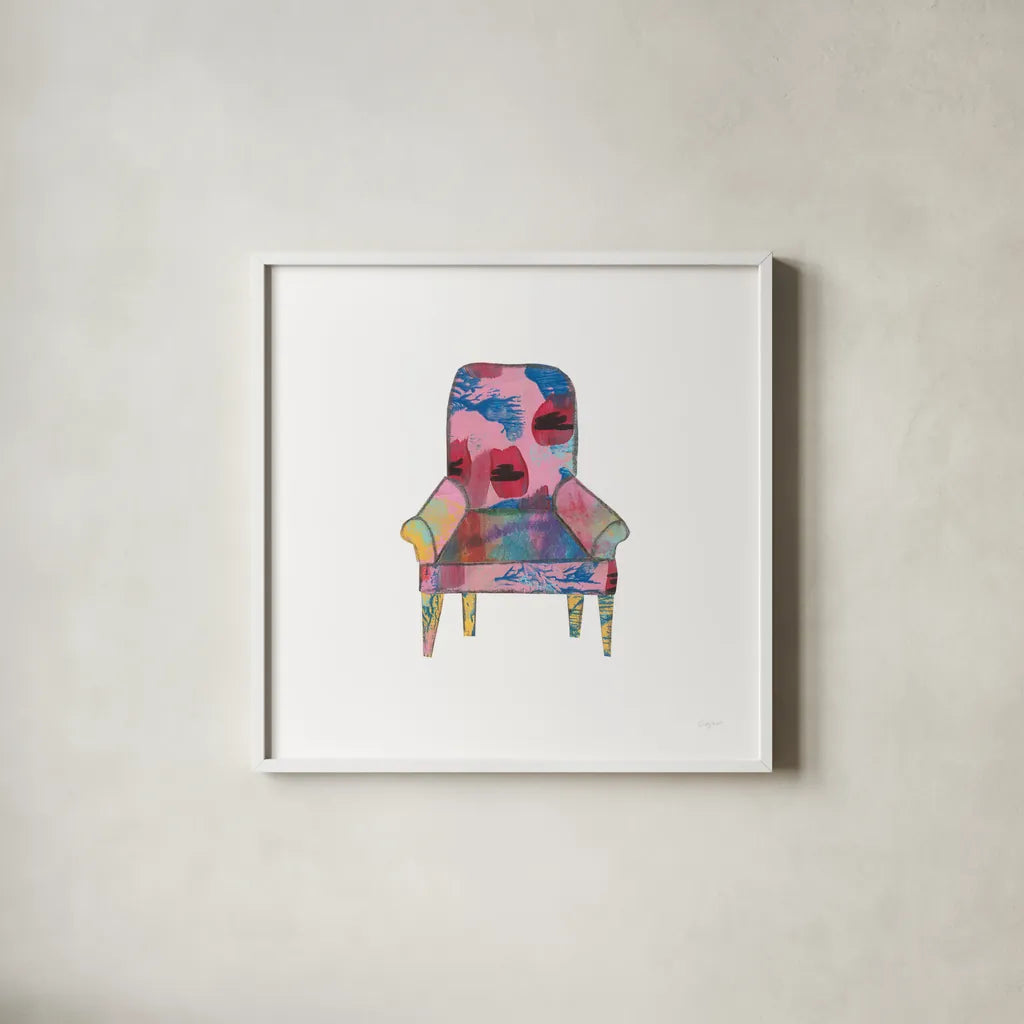 Mod Chairs VII by Courtney Prahl. Shown in a crisp white glass frame for a clean and minimalist style. Available as an archival giclee rolled canvas, fine art paper, or poster print. SKU 64275a.