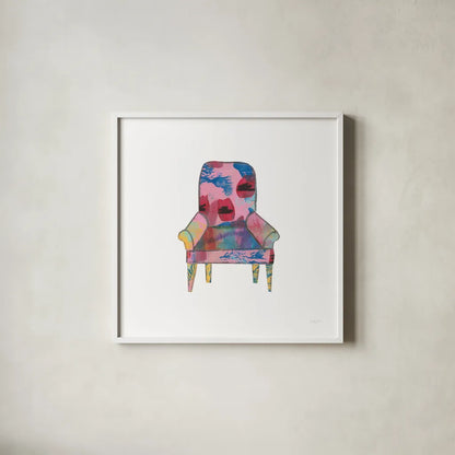 Mod Chairs VII by Courtney Prahl. Shown in a crisp white glass frame for a clean and minimalist style. Available as an archival giclee rolled canvas, fine art paper, or poster print. SKU 64275a.