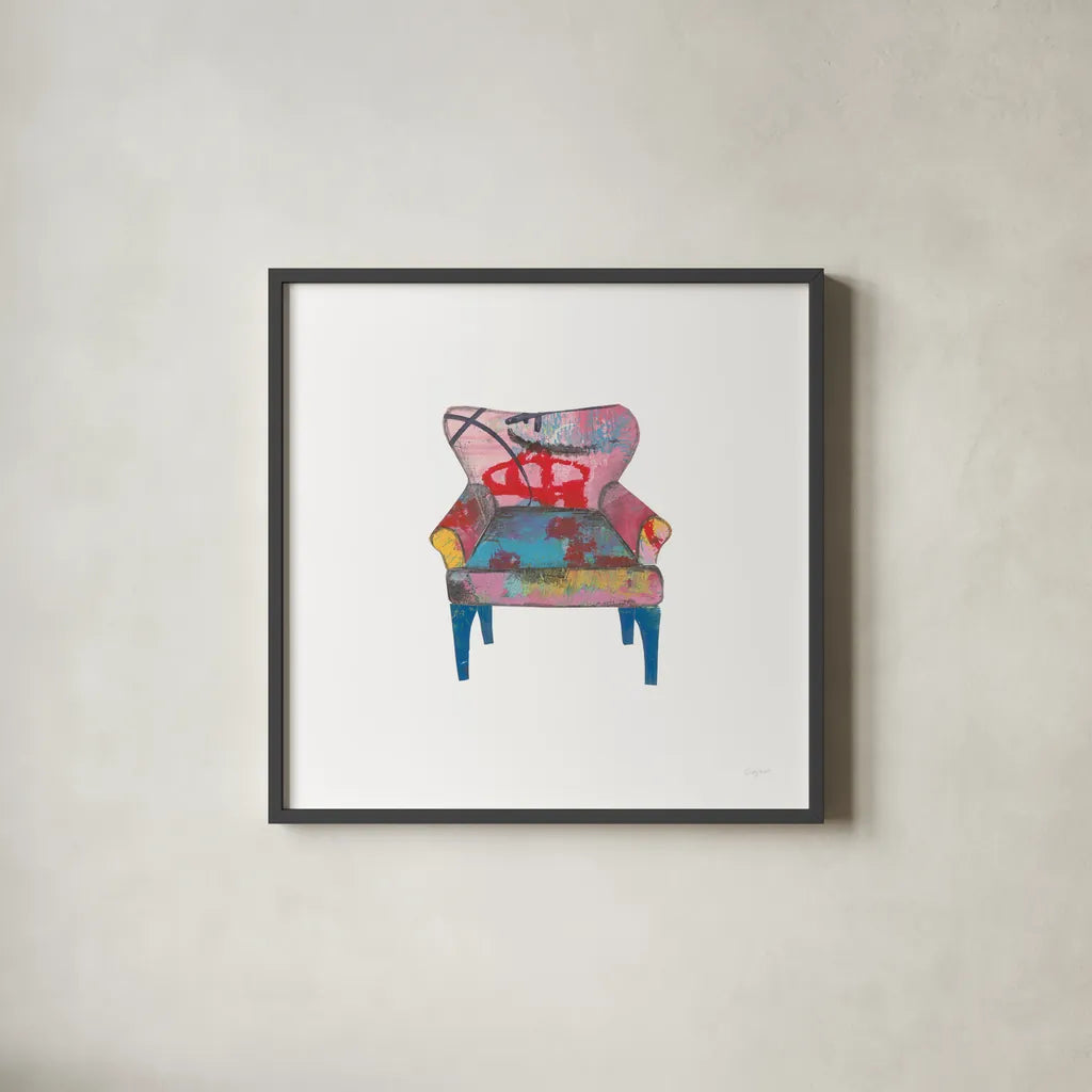 Mod Chairs VIII by Courtney Prahl. Shown in a sleek black glass frame for a contemporary gallery look. Available as an archival giclee rolled canvas, fine art paper, or poster print. SKU 64276a.