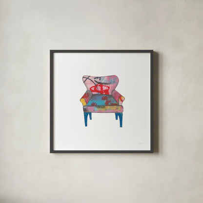 Mod Chairs VIII by Courtney Prahl. Shown in a sleek black glass frame for a contemporary gallery look. Available as an archival giclee rolled canvas, fine art paper, or poster print. SKU 64276a.