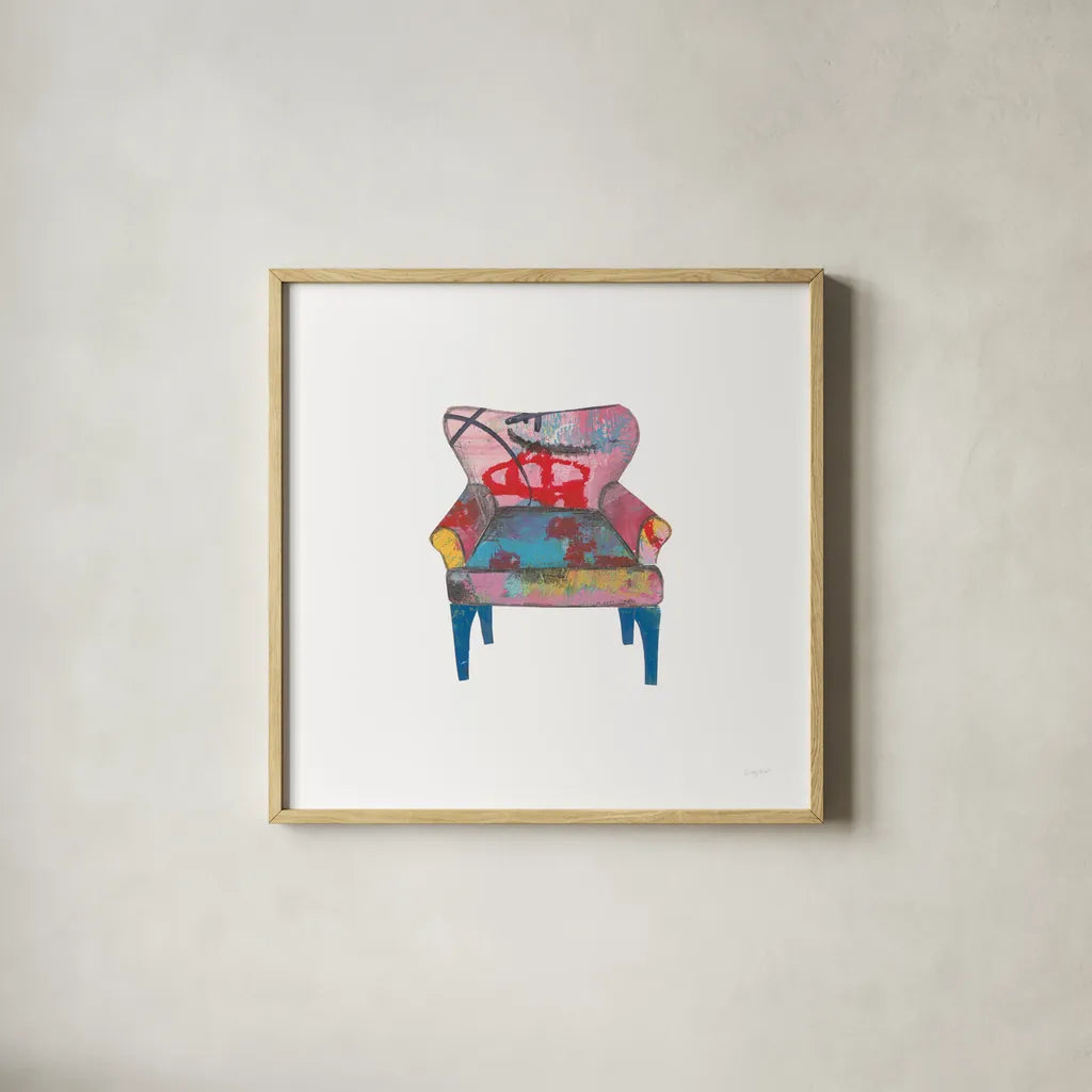 Mod Chairs VIII by Courtney Prahl. Shown in a natural wood glass frame for a timeless modern aesthetic. Available as an archival giclee rolled canvas, fine art paper, or poster print. SKU 64276a.