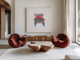 Mod Chairs VIII by Courtney Prahl. Shown as extra-large giant wall art in a modern living room. Available as an archival giclee rolled canvas, fine art paper, or poster print. SKU 64276a.