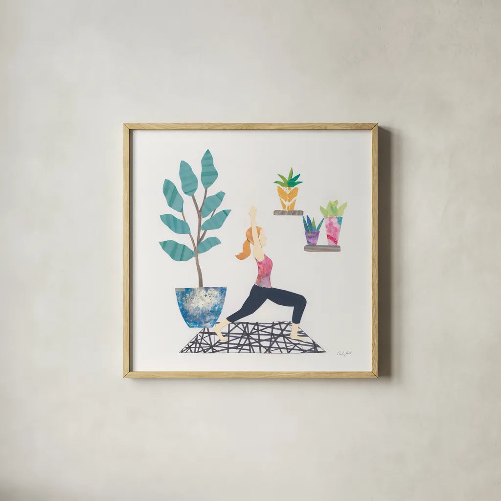 Namaste I by Courtney Prahl. Shown in a natural wood glass frame for a timeless modern aesthetic. Available as an archival giclee rolled canvas, fine art paper, or poster print. SKU 64264a.