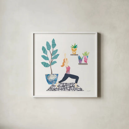 Namaste I by Courtney Prahl. Shown in a crisp white glass frame for a clean and minimalist style. Available as an archival giclee rolled canvas, fine art paper, or poster print. SKU 64264a.