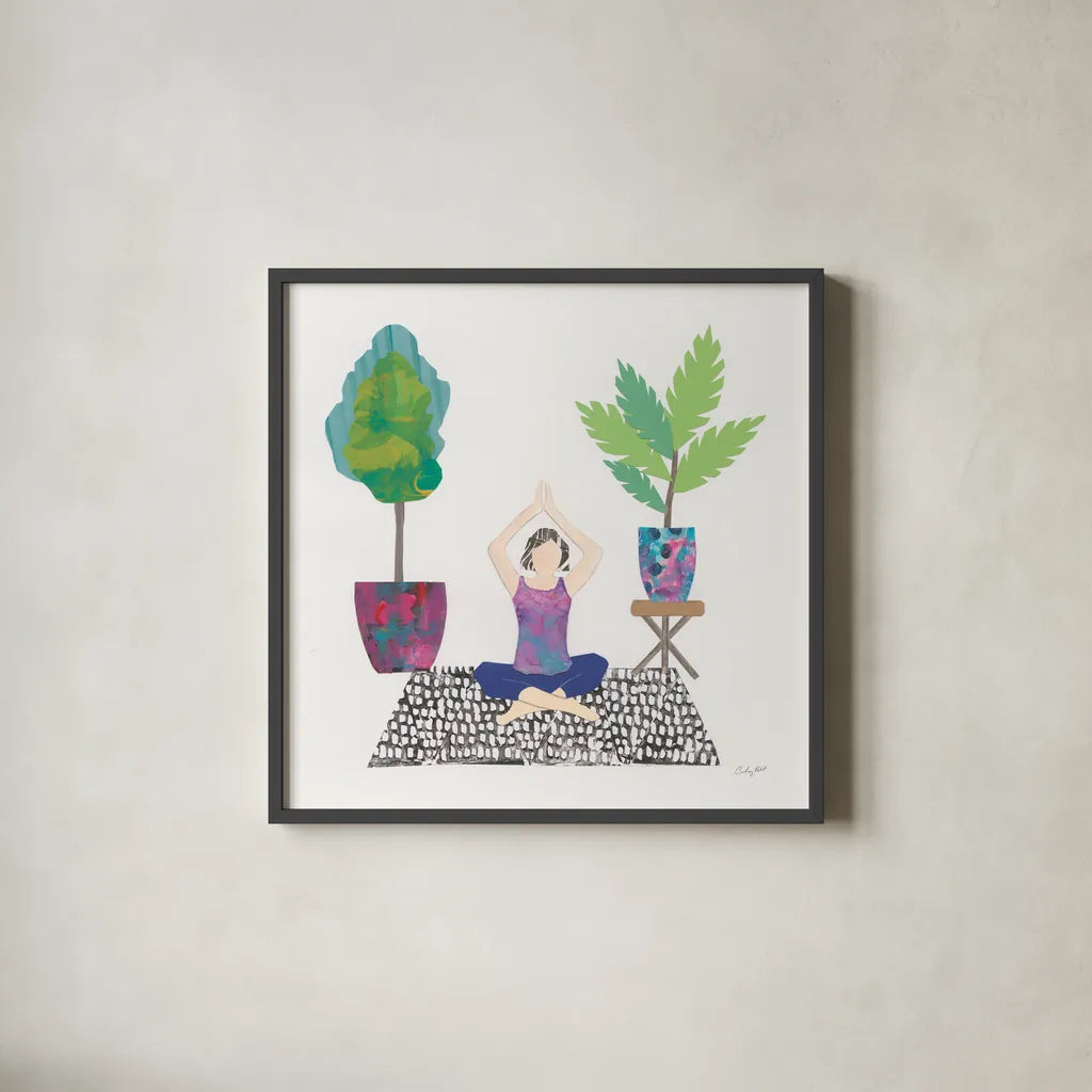 Namaste II by Courtney Prahl. Shown in a sleek black glass frame for a contemporary gallery look. Available as an archival giclee rolled canvas, fine art paper, or poster print. SKU 64265a.