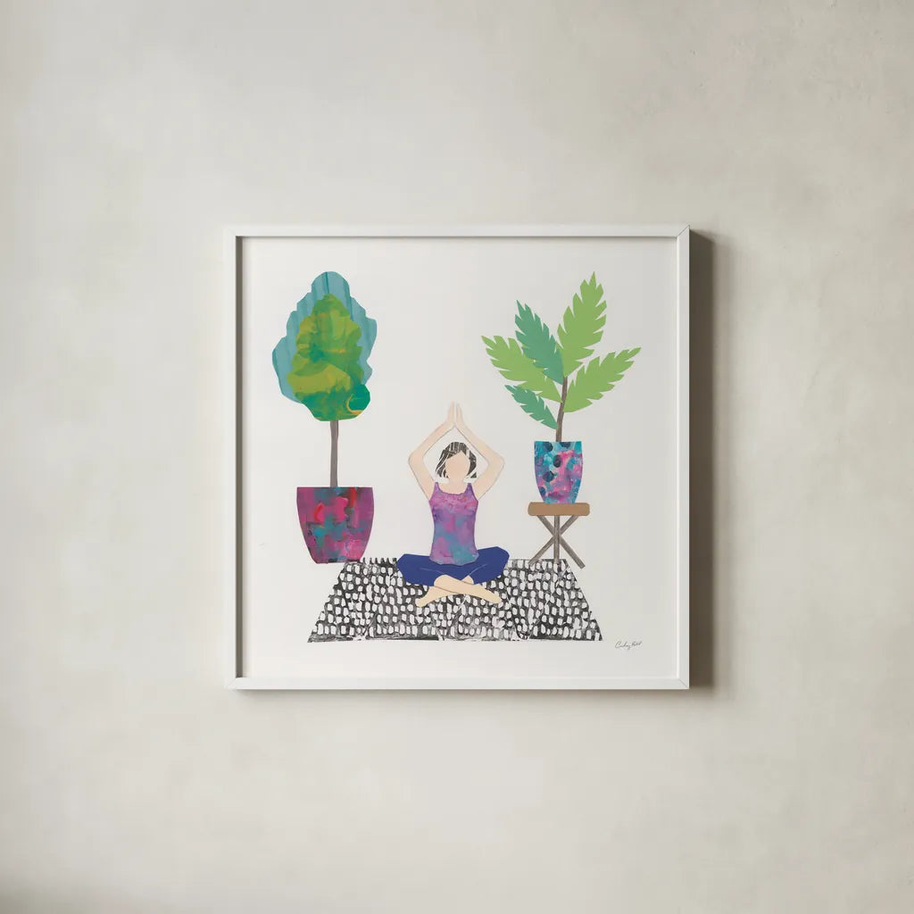 Namaste II by Courtney Prahl. Shown in a crisp white glass frame for a clean and minimalist style. Available as an archival giclee rolled canvas, fine art paper, or poster print. SKU 64265a.