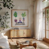 Namaste II by Courtney Prahl. Shown in a natural wood frame in a cozy modern living room. Available as an archival giclee rolled canvas, fine art paper, or poster print. SKU 64265a.