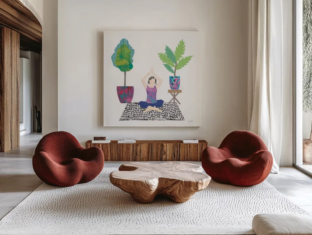 Namaste II by Courtney Prahl. Shown as extra-large giant wall art in a modern living room. Available as an archival giclee rolled canvas, fine art paper, or poster print. SKU 64265a.