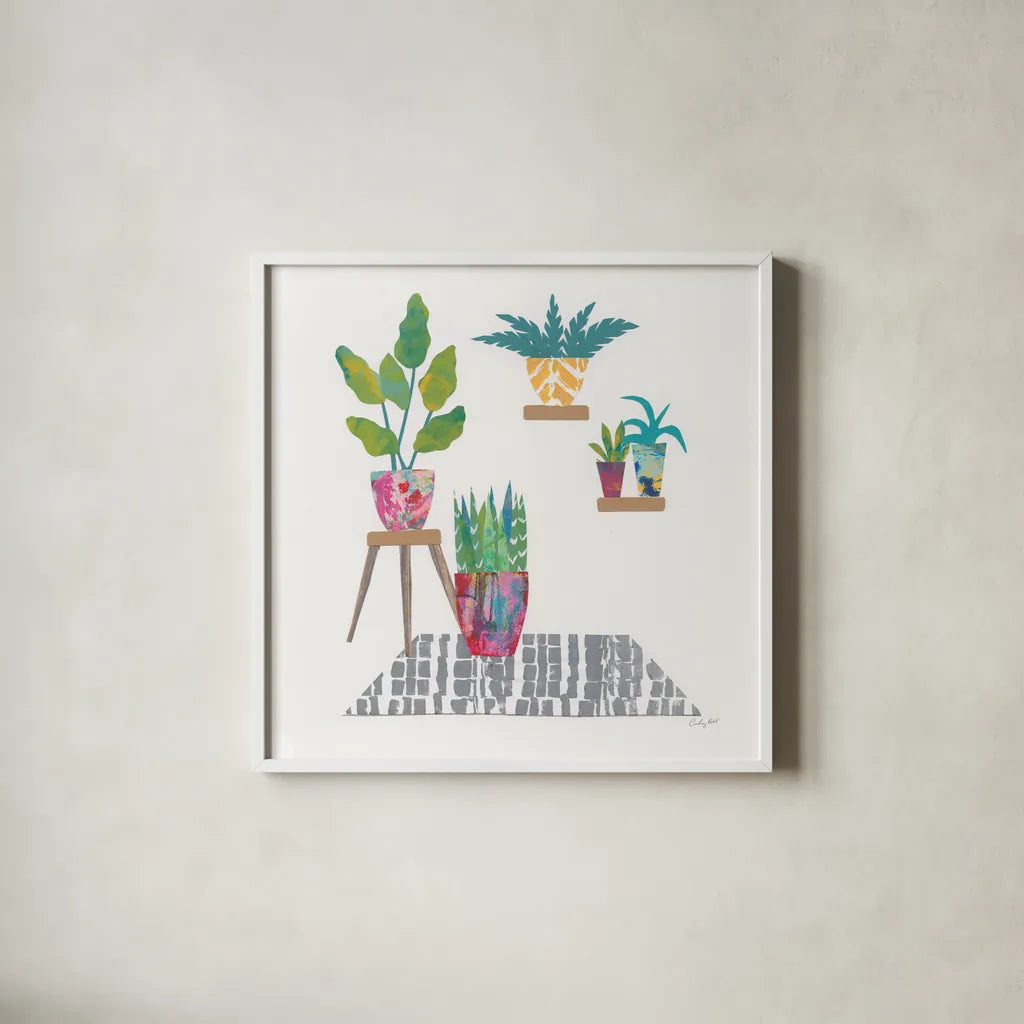 Namaste V by Courtney Prahl. Shown in a crisp white glass frame for a clean and minimalist style. Available as an archival giclee rolled canvas, fine art paper, or poster print. SKU 64268a.