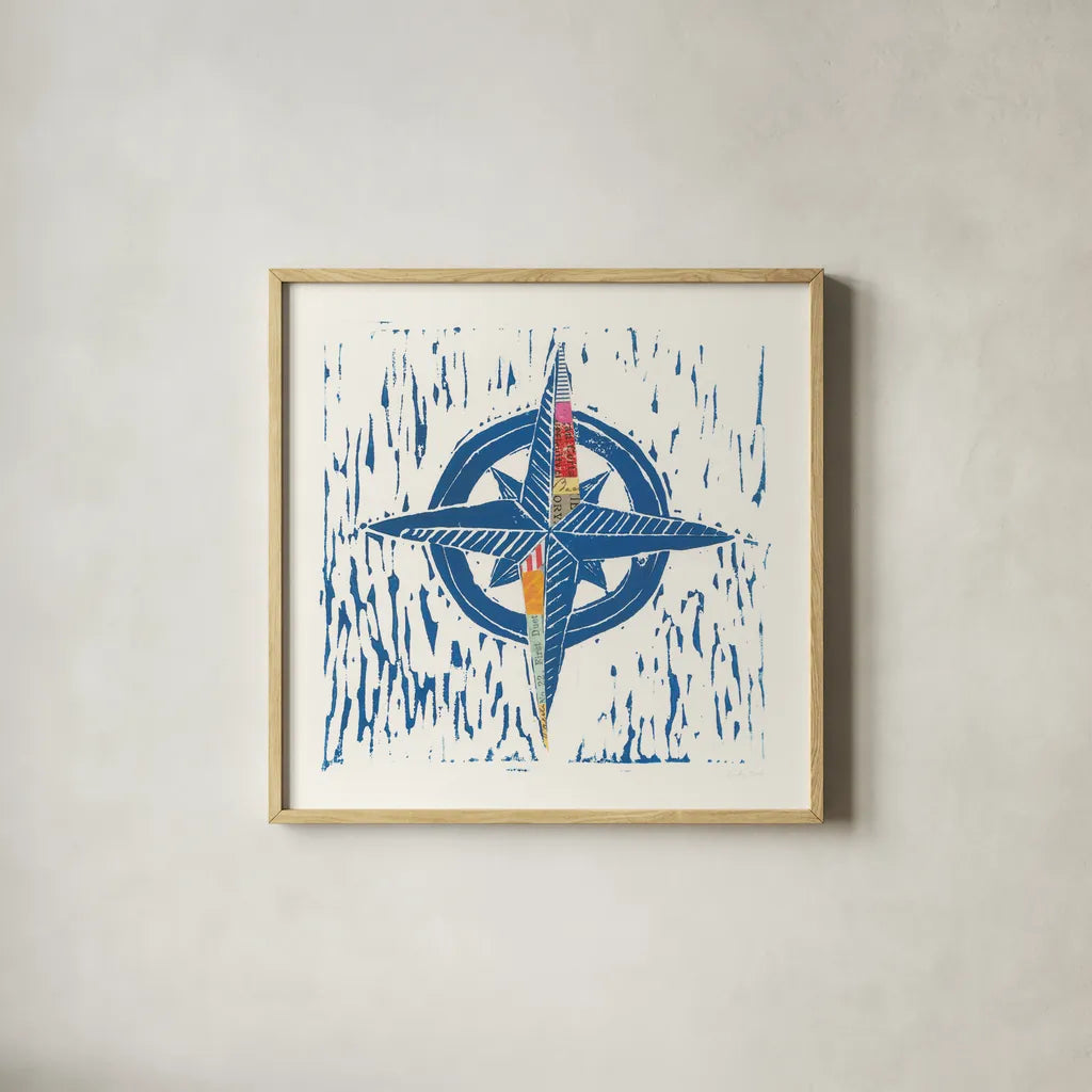 Nautical Collage I by Courtney Prahl. Shown in a natural wood glass frame for a timeless modern aesthetic. Available as an archival giclee rolled canvas, fine art paper, or poster print. SKU 32800a.