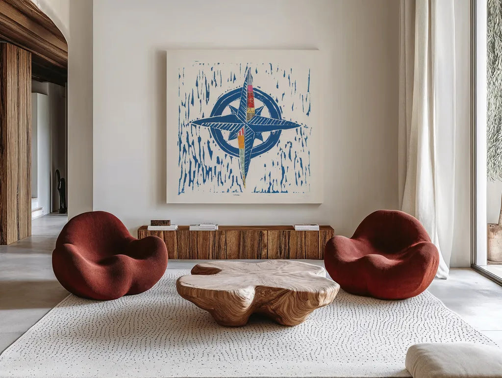 Nautical Collage I by Courtney Prahl. Shown as extra-large giant wall art in a modern living room. Available as an archival giclee rolled canvas, fine art paper, or poster print. SKU 32800a.