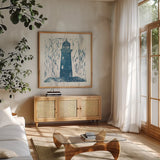 Nautical Collage I On White Wood by Courtney Prahl. Shown in a natural wood frame in a cozy modern living room. Available as an archival giclee rolled canvas, fine art paper, or poster print. SKU 41771a.