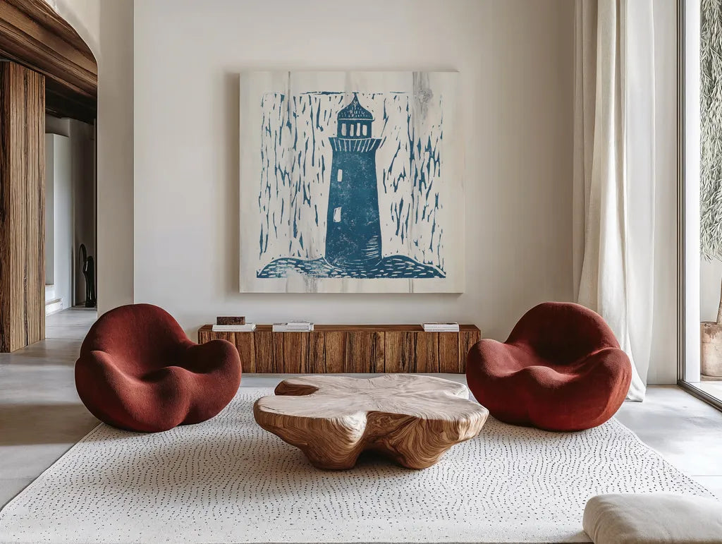 Nautical Collage I On White Wood by Courtney Prahl. Shown as extra-large giant wall art in a modern living room. Available as an archival giclee rolled canvas, fine art paper, or poster print. SKU 41771a.