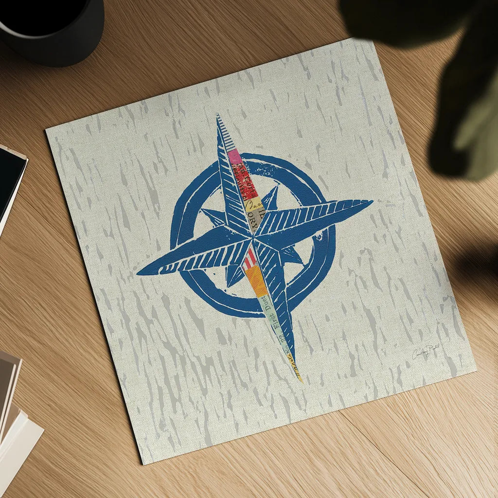 Nautical Collage I on Linen by Courtney Prahl. Shown as a detailed flat fine art print, highlighting archival giclee quality. Available as an archival giclee rolled canvas, fine art paper, or poster print. SKU 33860a.