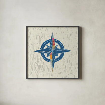 Nautical Collage I on Linen by Courtney Prahl. Shown in a sleek black glass frame for a contemporary gallery look. Available as an archival giclee rolled canvas, fine art paper, or poster print. SKU 33860a.