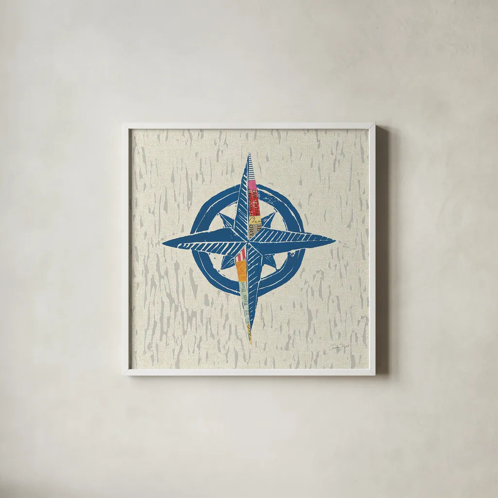 Nautical Collage I on Linen by Courtney Prahl. Shown in a crisp white glass frame for a clean and minimalist style. Available as an archival giclee rolled canvas, fine art paper, or poster print. SKU 33860a.