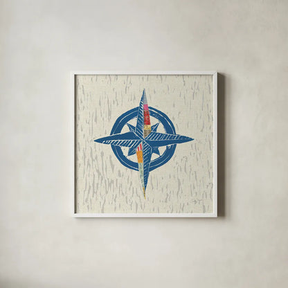 Nautical Collage I on Linen by Courtney Prahl. Shown in a crisp white glass frame for a clean and minimalist style. Available as an archival giclee rolled canvas, fine art paper, or poster print. SKU 33860a.