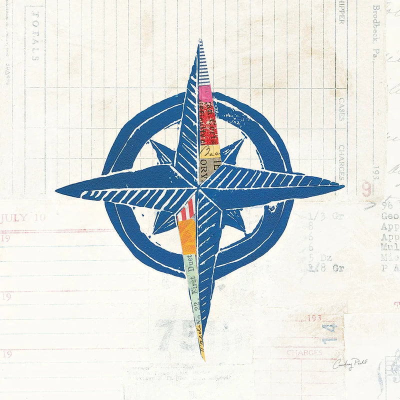 Nautical Collage I on Newsprint by Courtney Prahl. SKU 33864a. Archival Giclee Fine art print for wall decor.
