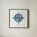 Nautical Collage I on Newsprint by Courtney Prahl. Shown in a sleek black glass frame for a contemporary gallery look. Available as an archival giclee rolled canvas, fine art paper, or poster print. SKU 33864a.