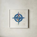 Nautical Collage I on Newsprint by Courtney Prahl. Shown in a crisp white glass frame for a clean and minimalist style. Available as an archival giclee rolled canvas, fine art paper, or poster print. SKU 33864a.