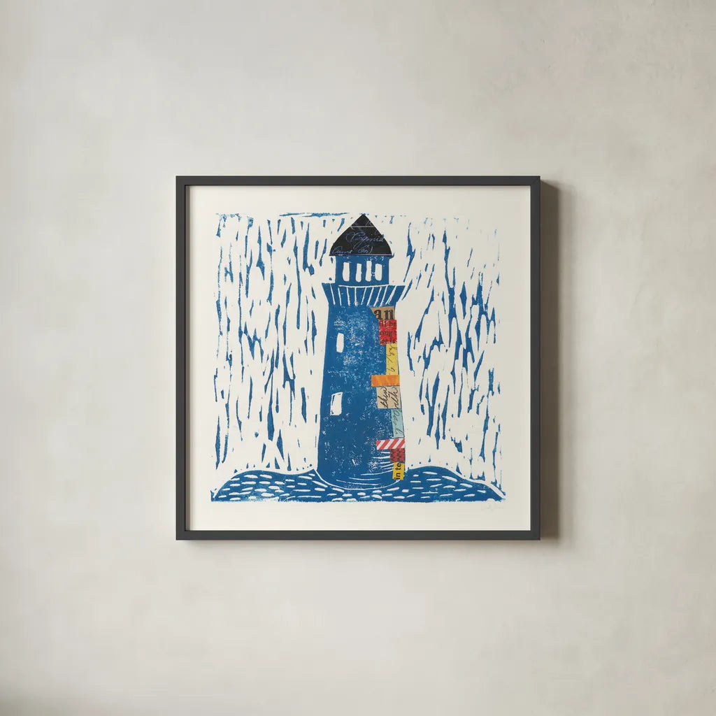 Nautical Collage II by Courtney Prahl. Shown in a sleek black glass frame for a contemporary gallery look. Available as an archival giclee rolled canvas, fine art paper, or poster print. SKU 32801a.
