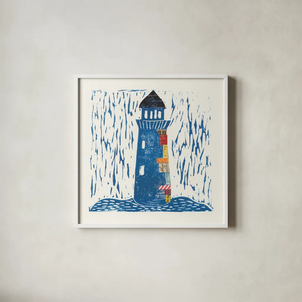 Nautical Collage II by Courtney Prahl. Shown in a crisp white glass frame for a clean and minimalist style. Available as an archival giclee rolled canvas, fine art paper, or poster print. SKU 32801a.