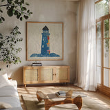 Nautical Collage II on Linen by Courtney Prahl. Shown in a natural wood frame in a cozy modern living room. Available as an archival giclee rolled canvas, fine art paper, or poster print. SKU 33861a.